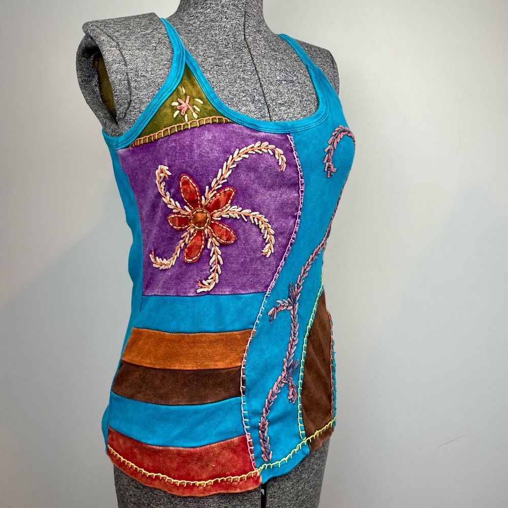 KPC Y2K embroidered patchwork tank top boho hippie See description for sizing